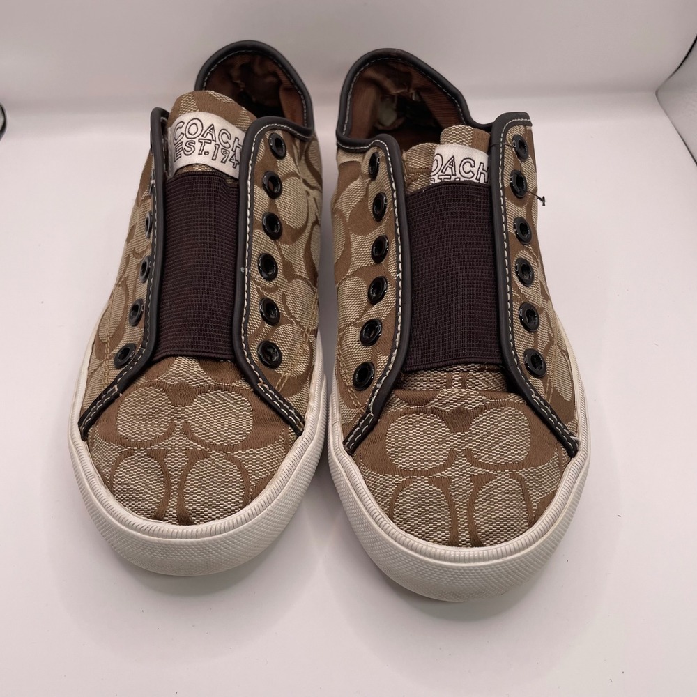 Coach Signature Jacquard Slip On Sneakers Khaki Brown Leather Trim A00248